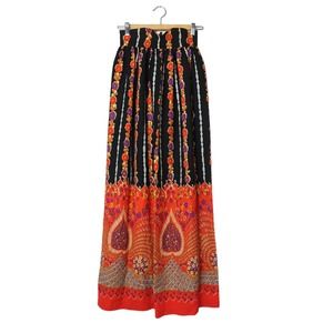 Vintage 70s black purple orange bohemian floral barkcloth maxi skirt XS